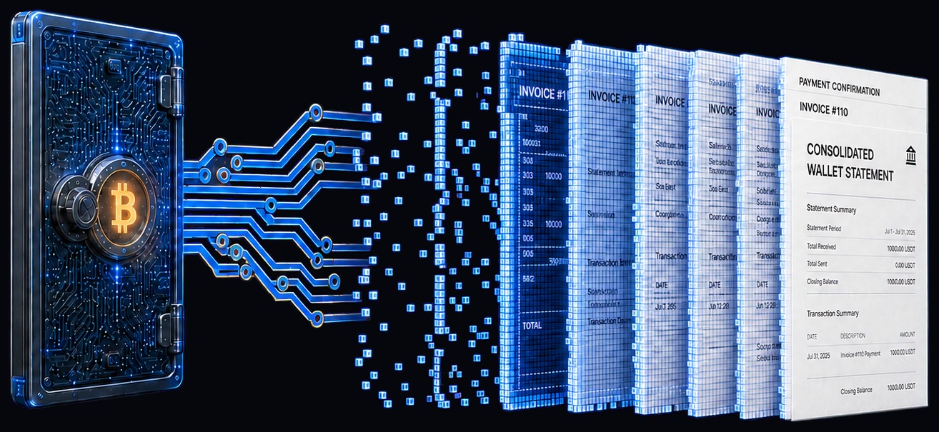 A secured crypto wallet dissolving into data, then reassembling as a consolidated wallet statement and payment confirmation