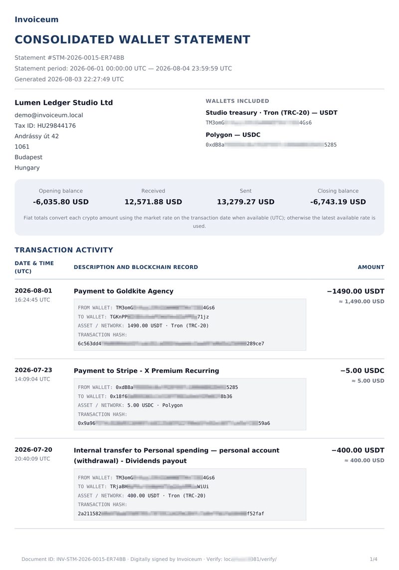 Printed consolidated wallet statement with mosaic-masked wallet addresses and transaction hashes
